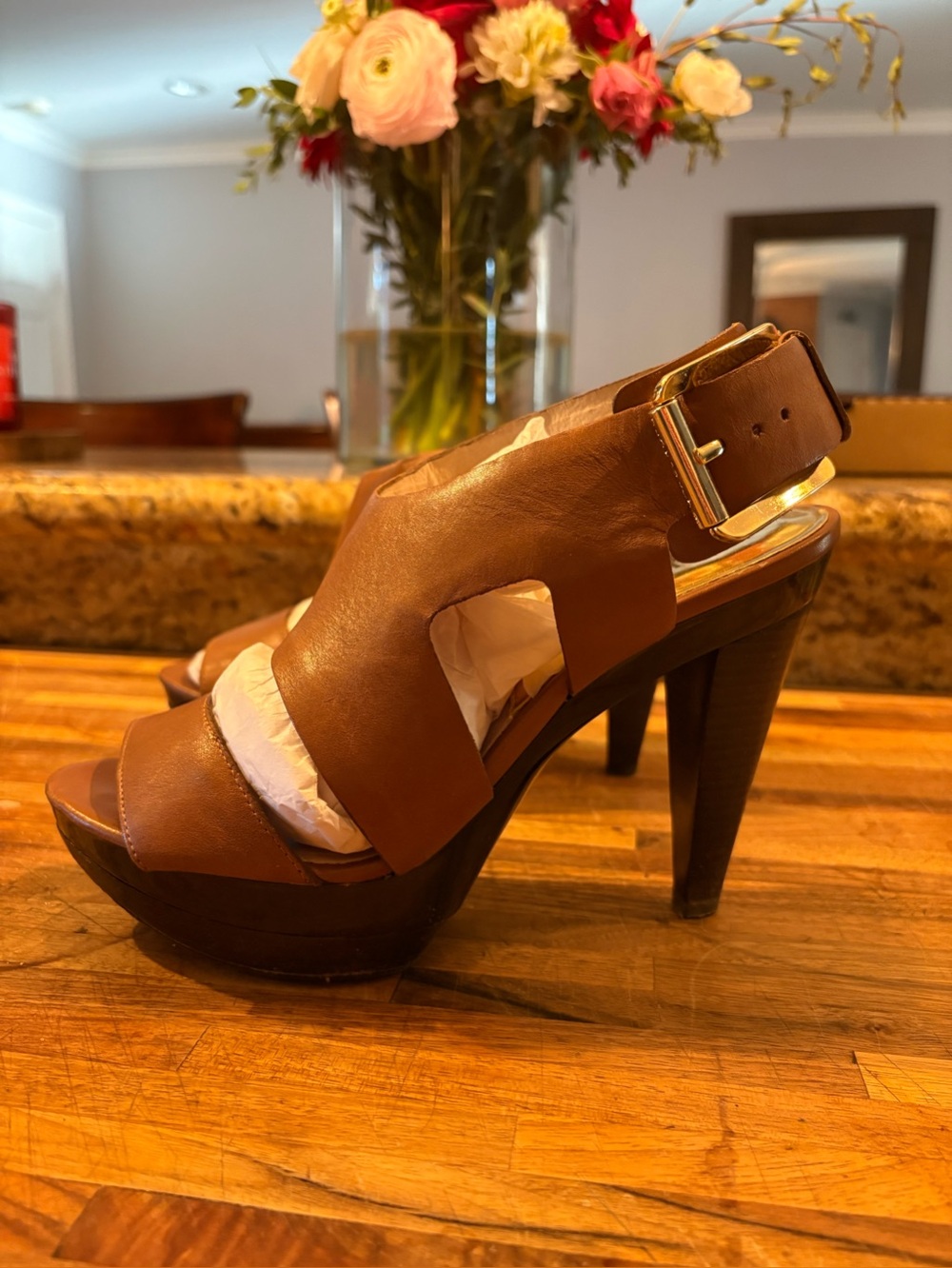 Michael Kors Tan Leather Platform Slingback Heels